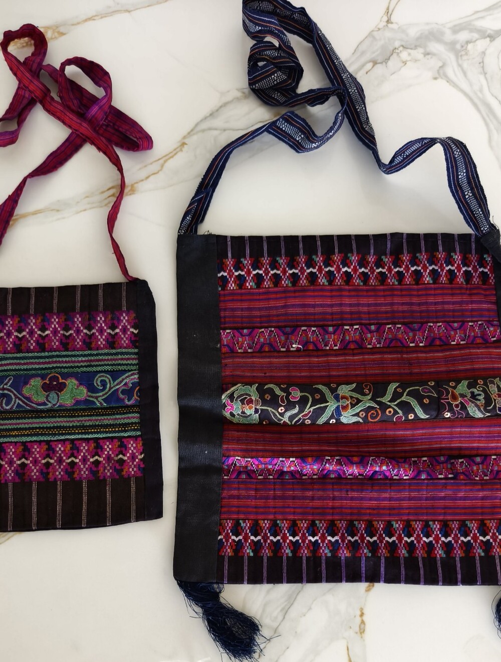 Handcrafted Hmong-Style Embroidered Crossbody Bag in Magenta and black